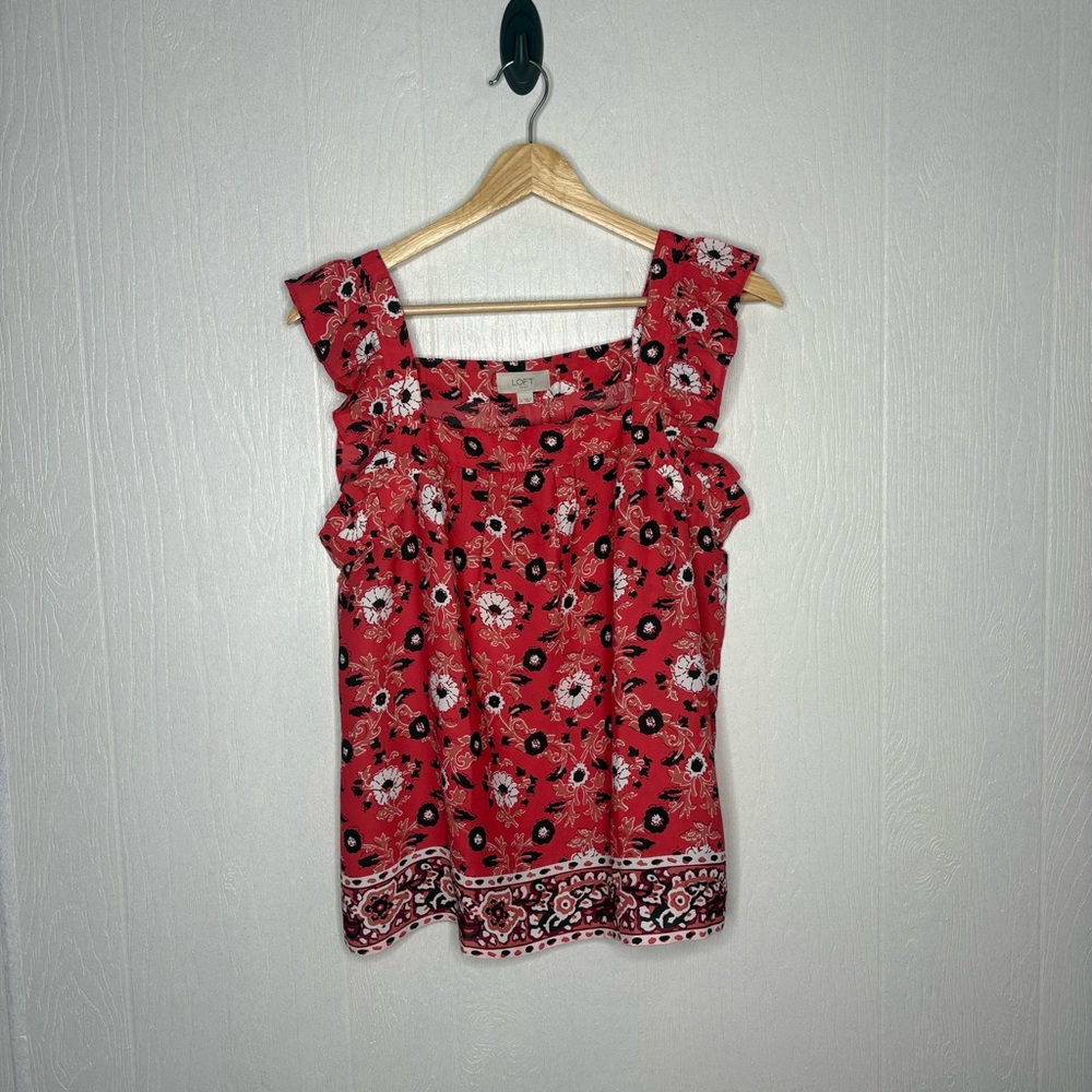 Loft red floral ruffle strap tank size small